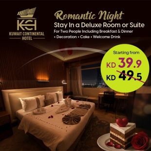 Romantic Overnight Stay in a Deluxe Room or Suite for Two with Breakfast, Dinner & Romantic Setup at Kuwait Continental Hotel
