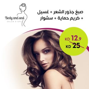 صبغ جذور الشعر + غسيل + كريم حماية + سشوار من Body and Soul Salon & Spa
