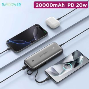 Power Bank 20000mAh PD 30W USB-A + Dual USB-C with Built-In Cable by RavPower