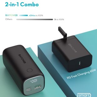 10400mAh Power Bank Type-C and USB-A and 65W Wall Charger by RAVPower