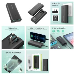 Power Bank 10000mAh 20W Dual USB-A USB-C and Wall Charger 2-in-1 by RavPower