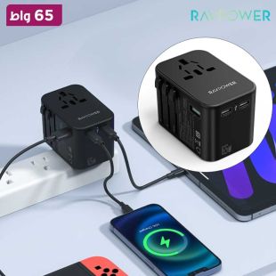 شاحن سفر 65 واط منفذين USB-C ومنفذ USB-A ومقبس AC من RavPower
