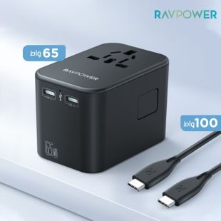 شاحن سفر 3 مخارج قوة 65 واط مع كيبل Type-C بقوة 100 واط من RAVPower