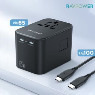 شاحن سفر 3 مخارج قوة 65 واط مع كيبل Type-C بقوة 100 واط من RAVPower (منتج جديد / من غير كرتون)