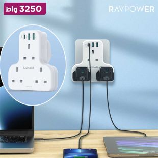 شاحن حائط 3 مخارج AC ومنفذ USB-C ومنفذين USB-A  قوة 3250 واط من RavPower