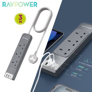 3 Outlets Power Strip UK Version 3m with USB Port by RAVPower
