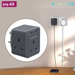 شاحن سفر GaN قوة 45 واط 3 مخارج AC ومنفذي USB-C من RavPower
