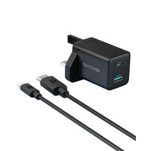 شاحن 2 في 1 بقوة 20 واط بمنفذين USB مع كيبل USB-C إلى Lightning من RAVPower