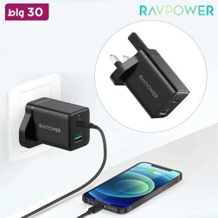 شاحن حائط 30 واط PD مع منفذين USB-C و USB-A من RAVPower