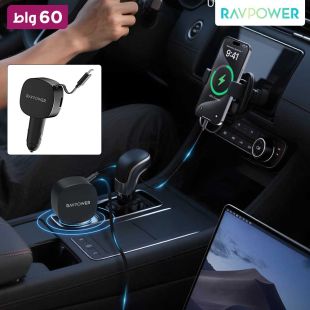 شاحن سيارة مع منفذ USB-A ومنفذ USB-C وكيبل USB-C قابل للسحب بقوة 60 واط من RAVPower