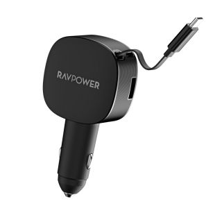 شاحن سيارة مع منفذ USB-A ومنفذ USB-C وكيبل USB-C قابل للسحب بقوة 60 واط من RAVPower