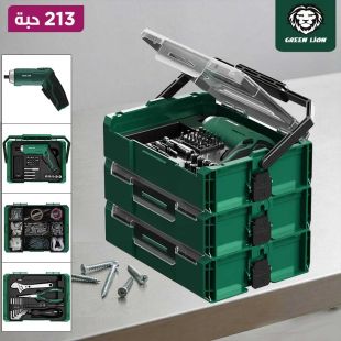 مجموعة أدوات صيانة 213 قطعة مع مفك كهربائي لاسلكي من Green Lion