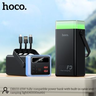 Power Bank 40000mAh 65W with Built-In Cables and LED Light by Hoco