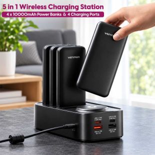 5 in 1 Wireless Charging Station with 4 10000mAh Power Banks and 4 Charging Ports by Vention