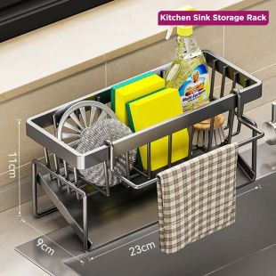 رف تخزين لحوض المطبخ مع سلة تصريف