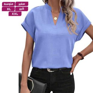 بلوزة كتان أنيقة برقبة على شكل V للسيدات