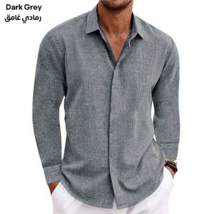قميص كتان بأكمام طويلة أنيق للرجال- رمادي داكن - XXL