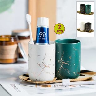 350ml Ceramic Mouthwash and Toothbrushing Cup Set 2Pcs with Tray