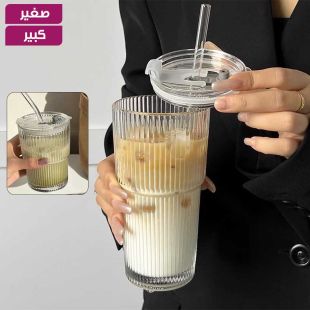 كوب زجاجي مضلع للمشروبات الباردة والعصائر مع غطاء وشفاطة