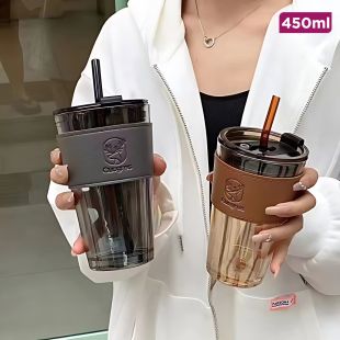 كوب زجاجي بسيط مع غطاء وشفاطة - 450 مل