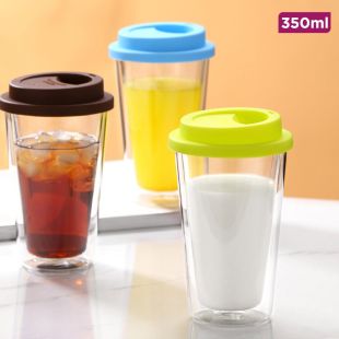 كوب زجاجي مزدوج العزل مع غطاء - 350 مل