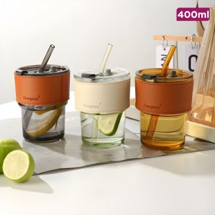 Elegant Bamboo Joint Glass Cup with Straw - 400ml