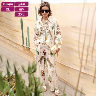 طقم كتان فاخر مطبوع بأكمام طويلة للسيدات