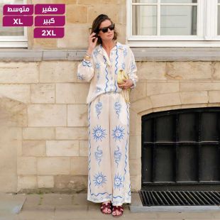 طقم كتان عصري مطبوع بأكمام طويلة للسيدات