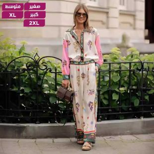 طقم كتان أنيق وعصري مطبوع بأكمام طويلة للسيدات