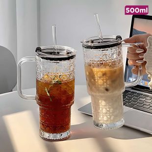 Stylish Glass Cup with Lid and Straw - 500ml
