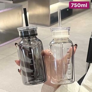 Scale Marked Glass Cup with Double Lid and Straw - 750ml