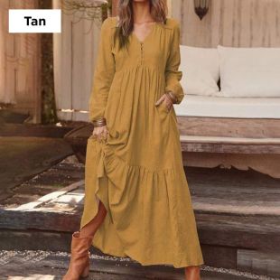 فستان طويل أنيق سادة برقبة على شكل حرف V وأكمام طويلة XXXXXL