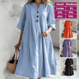 Loose Cotton And Linen Dress With Long Sleeves and a V-neck