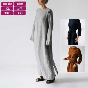 فستان من القطن والكتان بأكمام طويلة مع حزام خصر