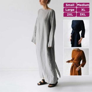 Long-Sleeved Cotton and Linen Dress With a Waist Belt