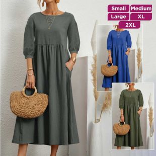 Cotton and Linen Loose Dress with Pockets for Women