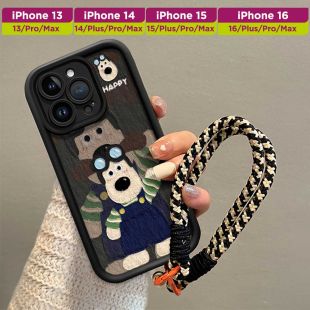 غطاء حماية بتصميم كلب بأسلوب الرسم الزيتي مع حبل لهاتف iPhone