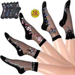 Women's Crystal Fiber Flower Print Socks - 10 Pairs