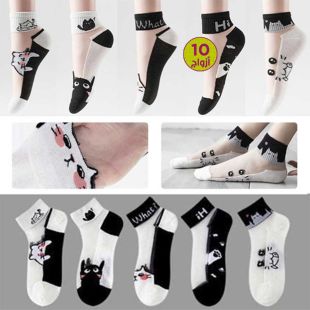 جوارب شفافة بنقشة قطط للسيدات - 10 أزواج