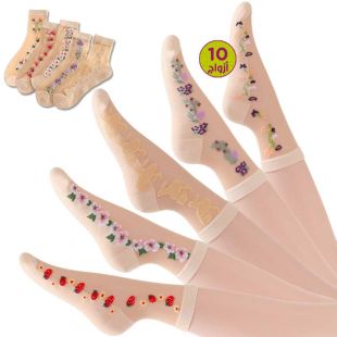 جوارب شفافة بنقشة ورود للسيدات - 10 أزواج