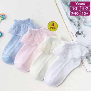 Cotton Lace Princess Short Socks for Girl Assorted Colors - 4Pcs