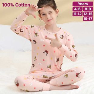 Cozy Autumn Cotton Pajama Outfit with Long Sleeves for Girls