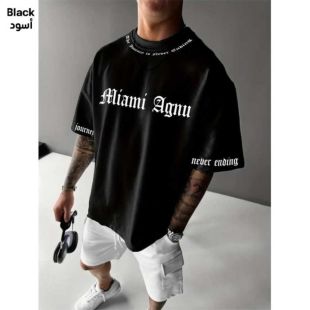 تيشيرت فضفاض بتصميم 3D وأكمام قصيرة للرجال- أسود - XXXL