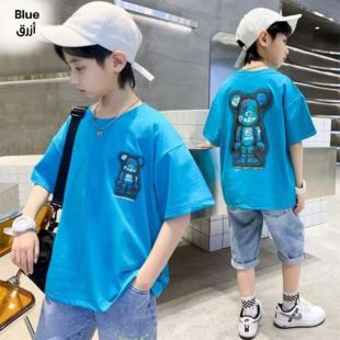 تيشيرت نصف كم قطن مطبوع للأولاد- من 3 إلى 4 سنوات - أزرق فاتح