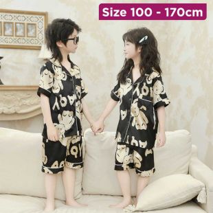 Kids Cartoon Short Sleeve Silk Pajama Shorts 2Pcs Set