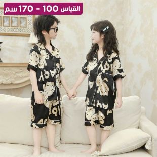 طقم بيجامة شورت من الحرير قطعتين بأكمام قصيرة ورسوم كرتونية للأطفال