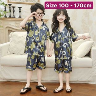 Kids Summer Cartoon Short Sleeve Silk Pajama Shorts Set
