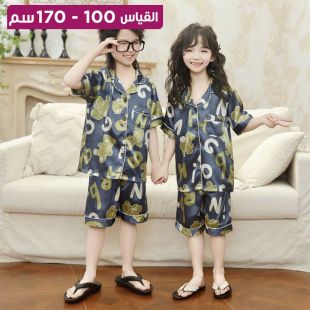 طقم بيجامة شورت صيفي من الحرير بأكمام قصيرة ورسوم كرتونية للأطفال