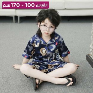 طقم بيجامة شورت صيفي من الحرير قطعتين بأكمام قصيرة ورسوم كرتونية للأطفال
