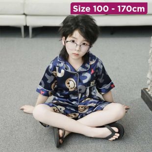 Kids Summer Cartoon Short Sleeve Silk Pajama Shorts 2Pcs Set